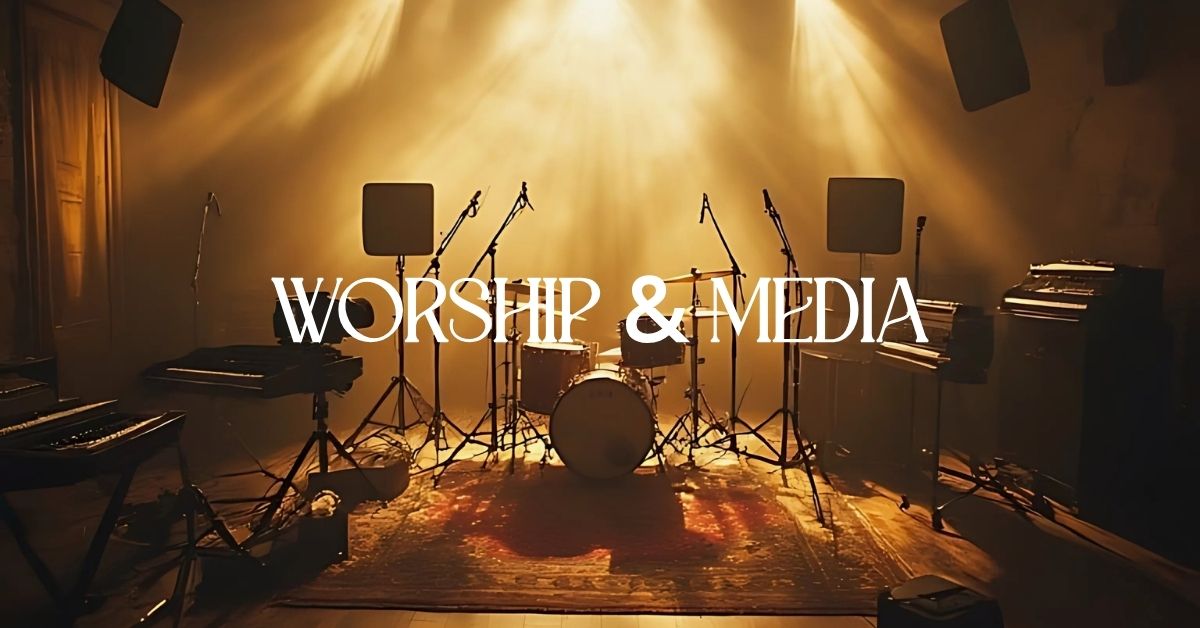 Worship & Media Initiatives | A Sound & Voice Rising from Nazareth Worship team in a professional studio with instruments, microphones, and cameras, surrounded by golden light symbolizing the presence of God.